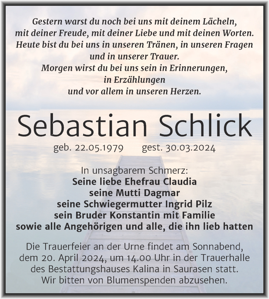  Traueranzeige für Sebastian Schlick vom 06.04.2024 aus Trauerkombi Sangerhausen