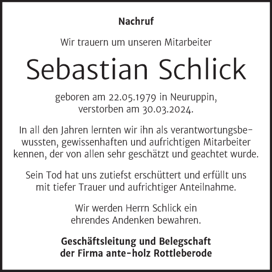 Traueranzeige von Sebastian Schlick von Super Sonntag Sangerhausen