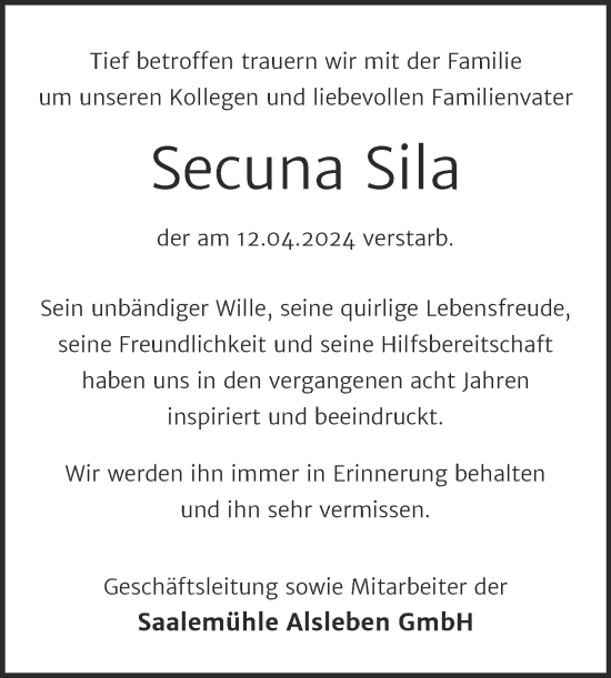 Traueranzeige von Secuna Sila von Mitteldeutsche Zeitung Bernburg