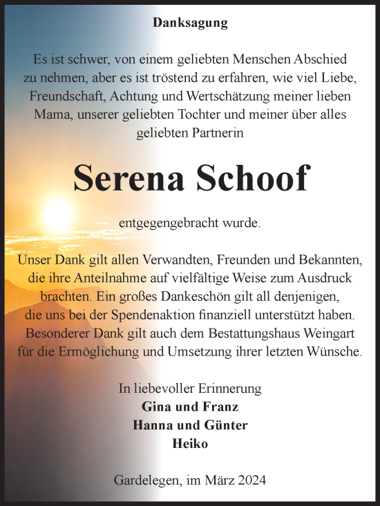 Traueranzeige von Serena Schoof von Volksstimme Altmark West
