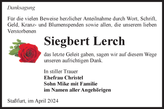 Traueranzeige von Siegbert Lerch von Volksstimme Staßfurt