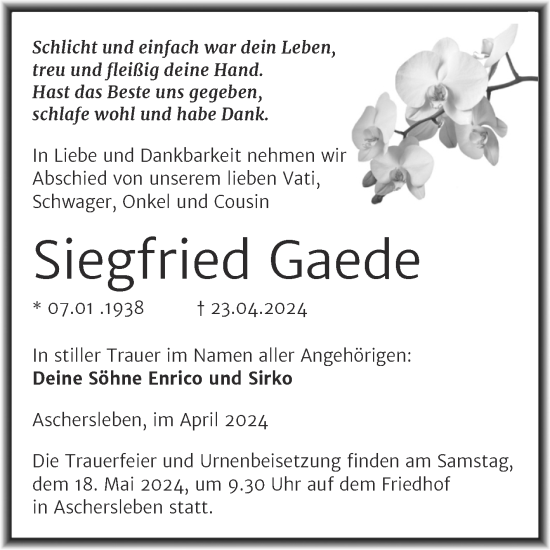 Traueranzeige von Siegfried Gaede von Trauerkombi Aschersleben