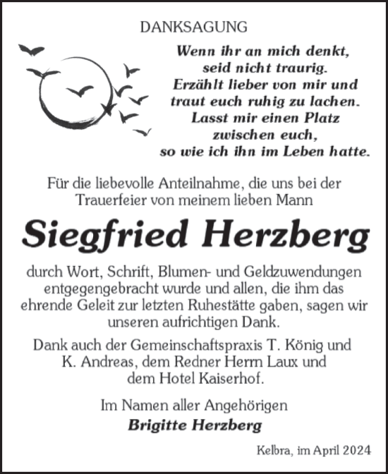 Traueranzeige von Siegfried Herzberg von Trauerkombi Sangerhausen