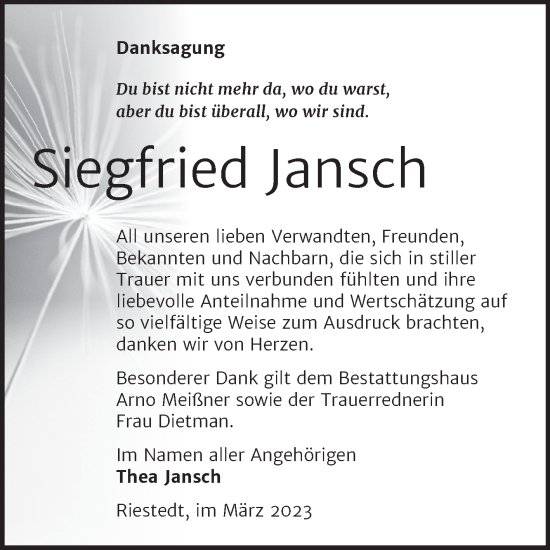 Traueranzeige von Siegfried Jansch von Trauerkombi Sangerhausen