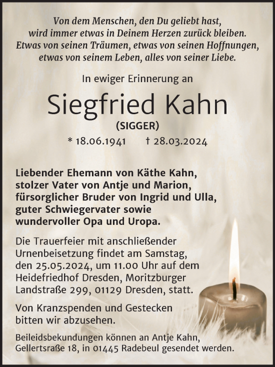 Traueranzeige von Siegfried Kahn von Trauerkombi Sangerhausen