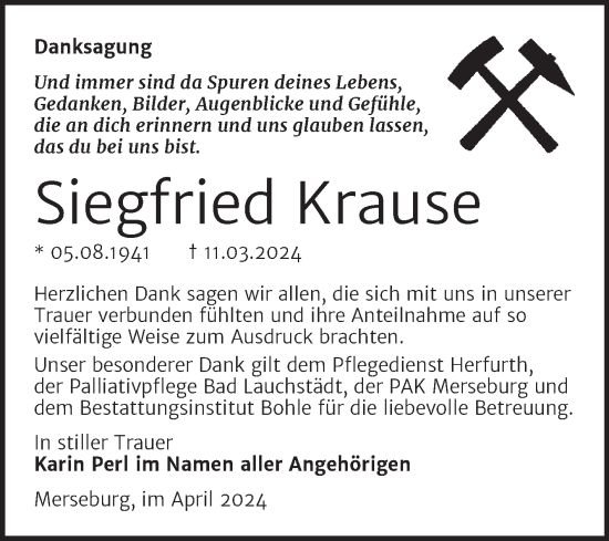 Traueranzeige von Siegfried Krause von Trauerkombi Merseburg