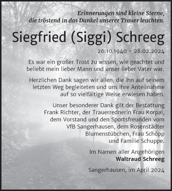 Traueranzeige von Siegfried Schreeg von Super Sonntag Sangerhausen