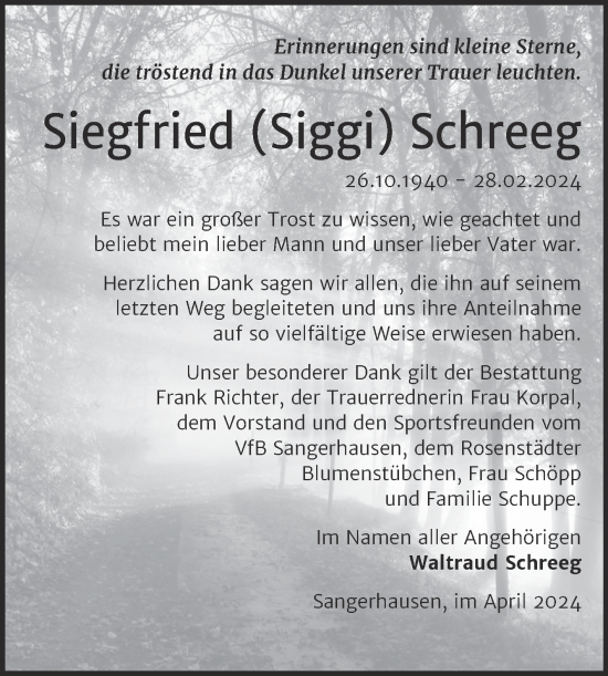 Traueranzeige von Siegfried Schreeg von Trauerkombi Sangerhausen