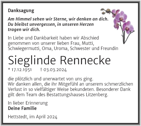 Traueranzeige von Sieglinde Rennecke von Trauerkombi Mansfelder Land