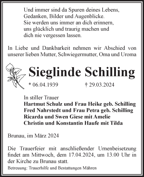 Traueranzeige von Sieglinde Schilling von Volksstimme Altmark West