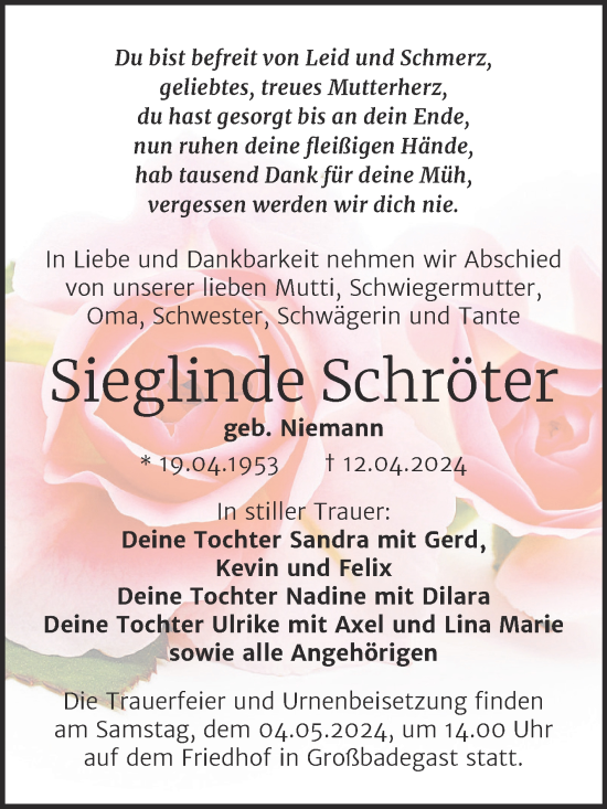 Traueranzeige von Sieglinde Schröter von Trauerkombi Köthen