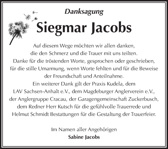 Traueranzeige von Siegmar Jacobs von Volksstimme Magdeburg