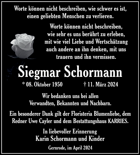 Traueranzeige von Siegmar Schormann von Trauerkombi Quedlinburg