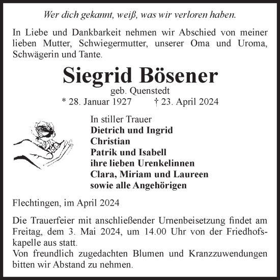 Traueranzeige von Siegrid Bösener von Volksstimme Altmark West