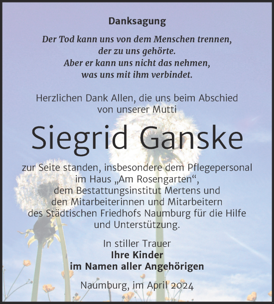 Traueranzeige von Siegrid Ganske von Naumburger Tageblatt