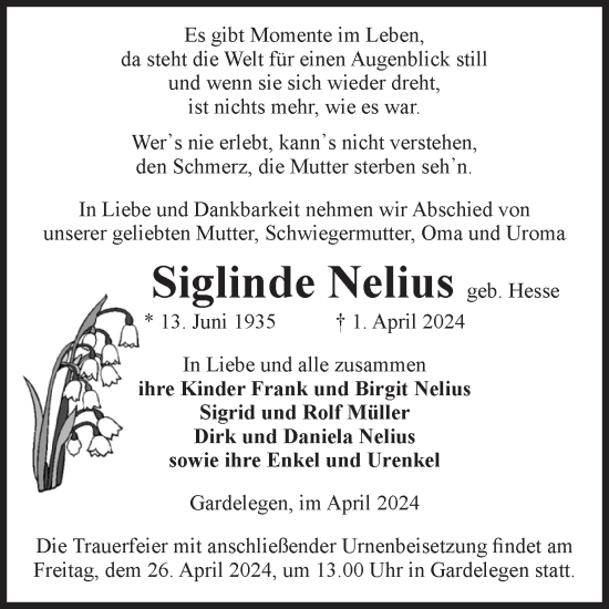 Traueranzeige von Siglinde Nelius von Volksstimme Altmark Ost