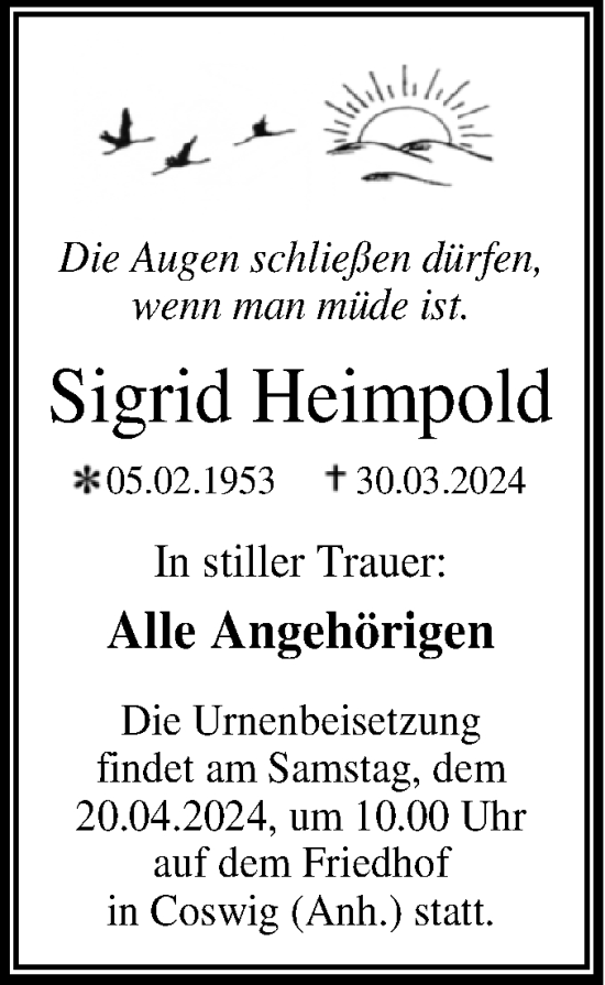 Traueranzeige von Sigrid Heimpold von Trauerkombi Wittenberg