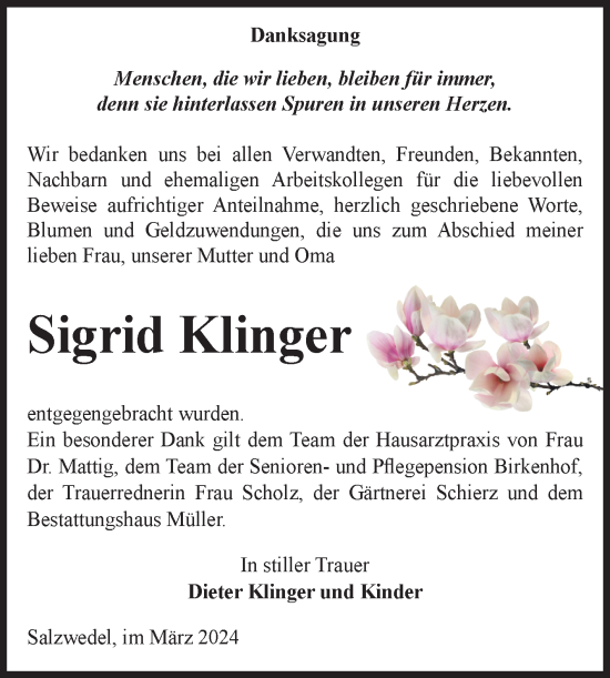 Traueranzeige von Sigrid Klinger von Volksstimme Altmark West