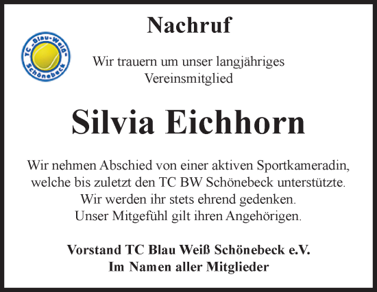 Traueranzeige von Silvia Eichhorn von Volksstimme Schönebeck