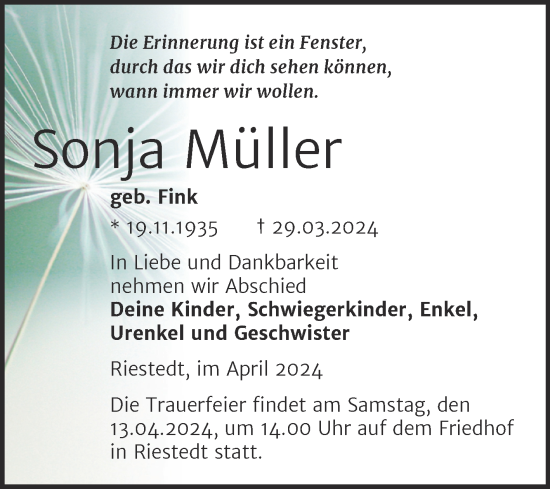 Traueranzeige von Sonja Müller von Trauerkombi Sangerhausen