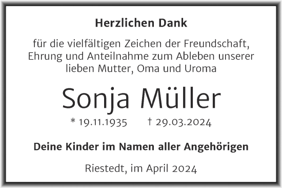 Traueranzeige von Sonja Müller von Trauerkombi Sangerhausen