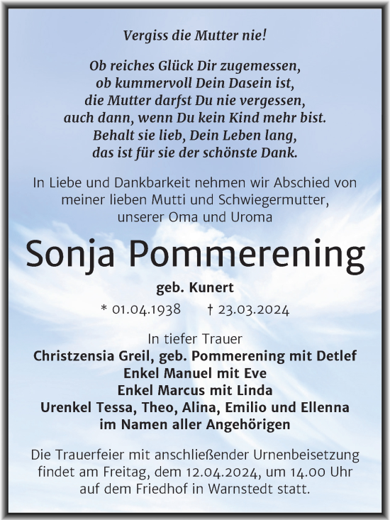 Traueranzeige von Sonja Pommerening von Trauerkombi Quedlinburg