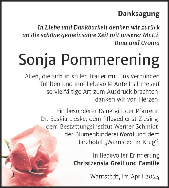 Traueranzeige von Sonja Pommerening von Trauerkombi Quedlinburg
