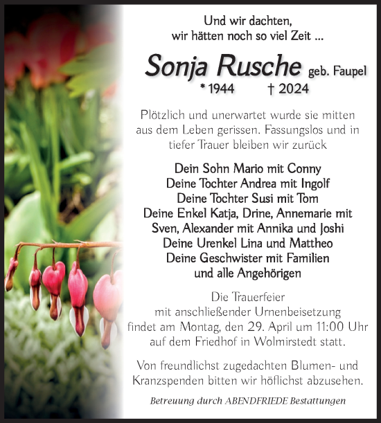 Traueranzeige von Sonja Rusche von Volksstimme Haldensleben/Wolmirstedt