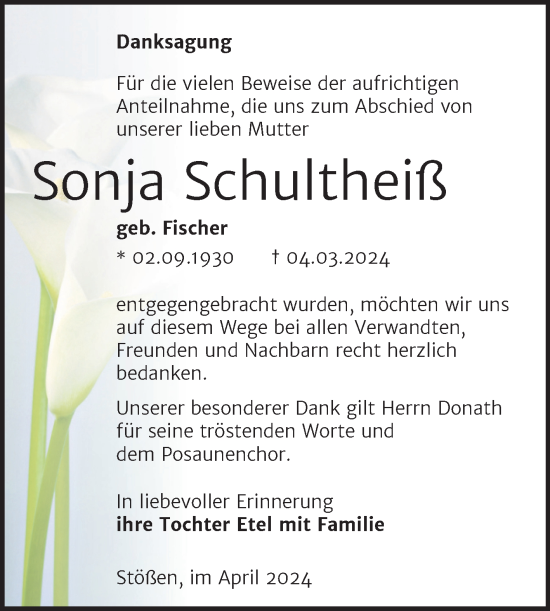 Traueranzeige von Sonja Schultheiß von Super Sonntag Weißenfels