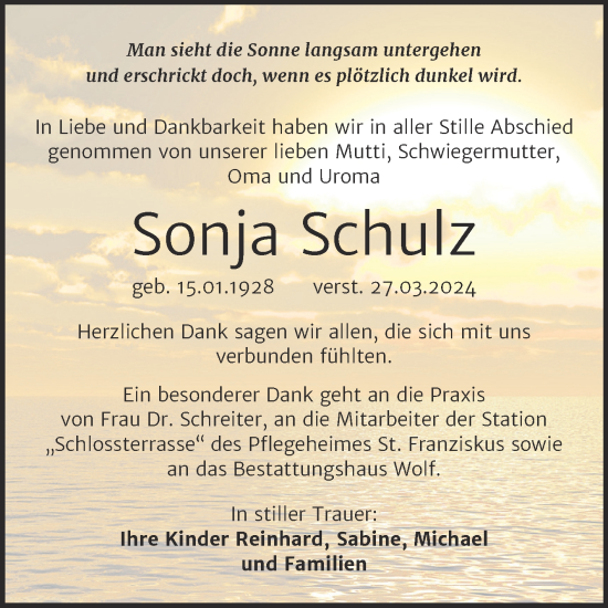 Traueranzeige von Sonja Schulz von Trauerkombi Weißenfels