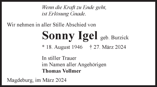 Traueranzeige von Sonny Igel von Volksstimme Burg/Genthin