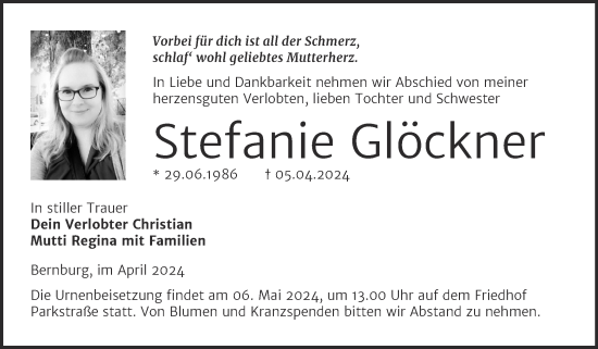 Traueranzeige von Stefanie Glöckner von Trauerkombi Bernburg