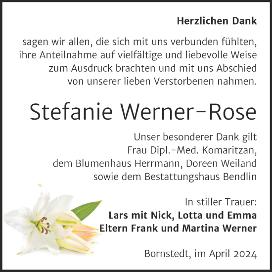 Traueranzeige von Stefanie Werner-Rose von Trauerkombi Mansfelder Land