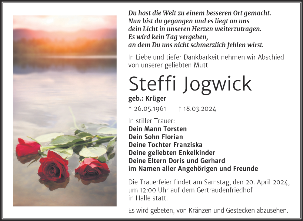  Traueranzeige für Steffi Jogwick vom 06.04.2024 aus Mitteldeutsche Zeitung Halle/Saalkreis