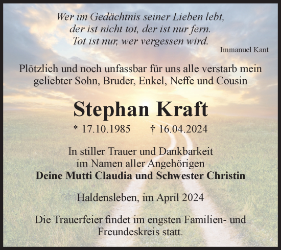 Traueranzeige von Stephan Kraft von Volksstimme Haldensleben/Wolmirstedt