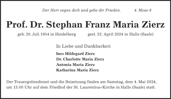 Traueranzeige von Stephan Franz Maria Zierz von Mitteldeutsche Zeitung Halle/Saalkreis