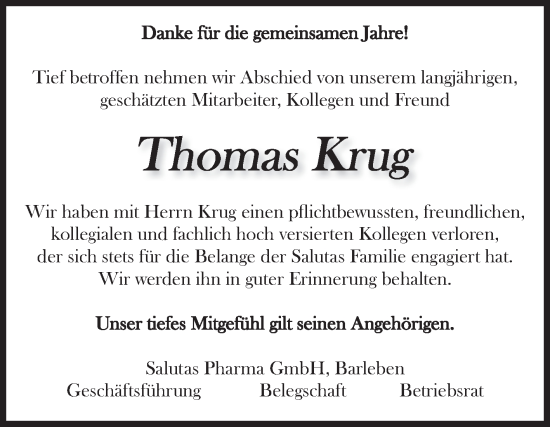 Traueranzeige von Thomas Krug von Volksstimme Haldensleben/Wolmirstedt