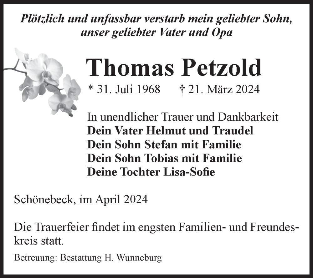  Traueranzeige für Thomas Petzold vom 20.04.2024 aus Volksstimme Magdeburg