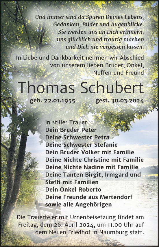 Traueranzeige von Thomas Schubert von Super Sonntag Naumburg/Nebra