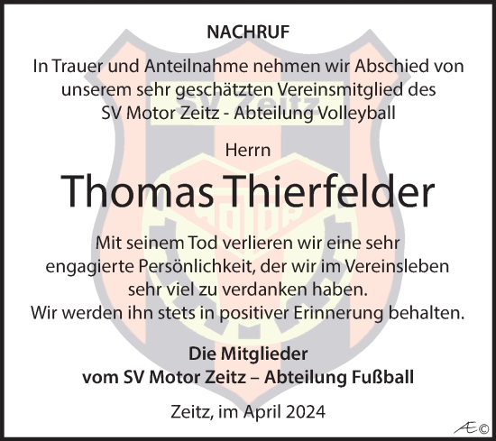 Traueranzeige von Thomas Thierfelder von Trauerkombi Zeitz