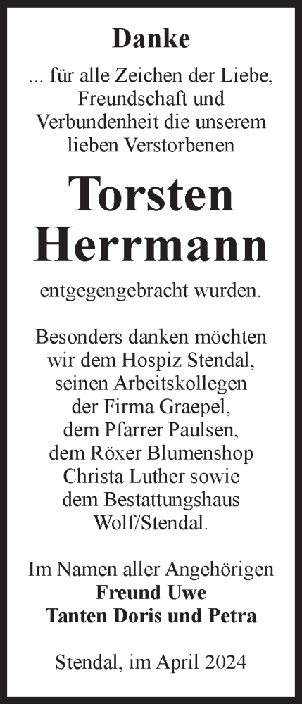 Traueranzeige von Torsten Herrmann von Volksstimme Altmark Ost