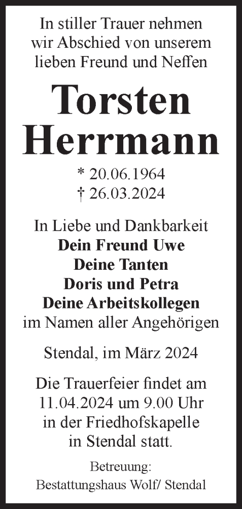 Traueranzeige von Torsten Herrmann von Volksstimme Altmark Ost