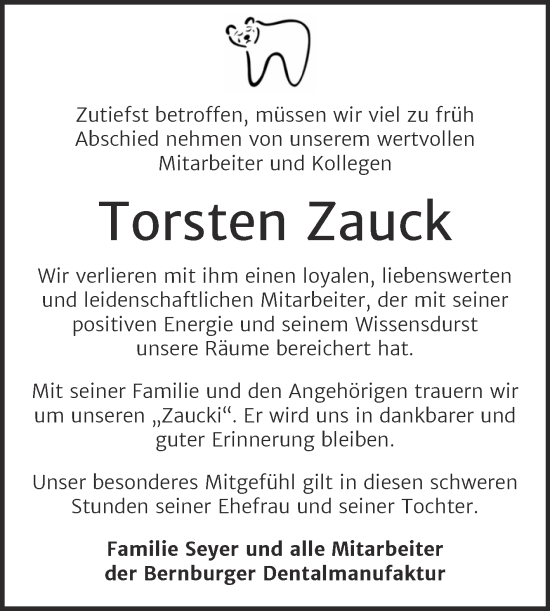 Traueranzeige von Torsten Zauck von Super Sonntag Bernburg