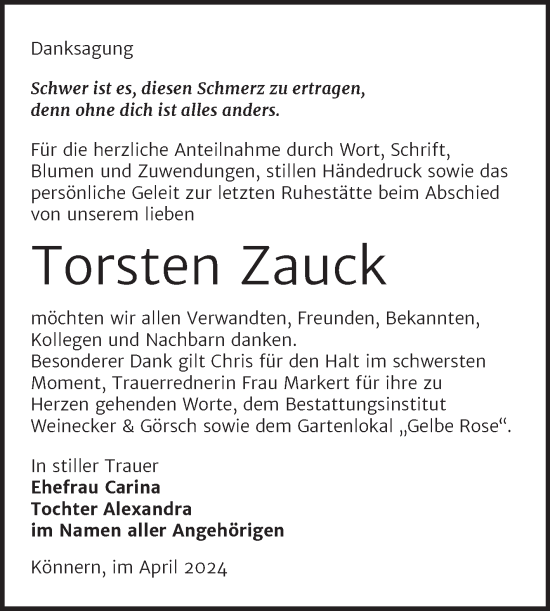 Traueranzeige von Torsten Zauck von Trauerkombi Bernburg