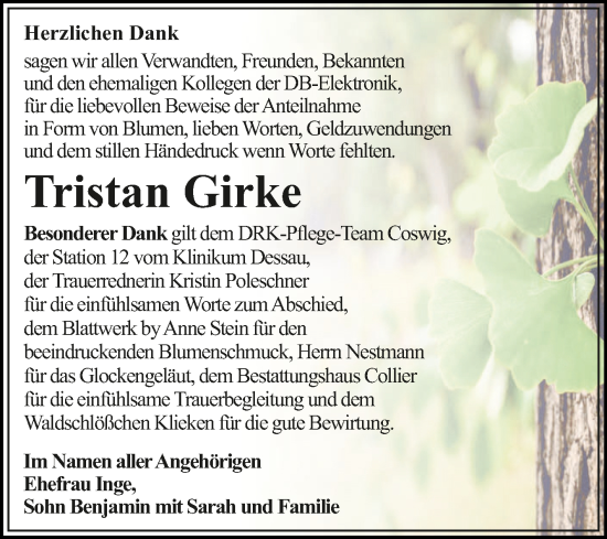 Traueranzeige von Tristan Girke von Mitteldeutsche Zeitung Dessau-Roßlau