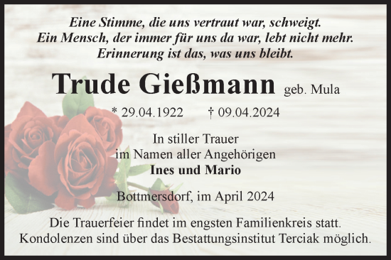 Traueranzeige von Trude Gießmann von Volksstimme Oschersleben/Wanzleben