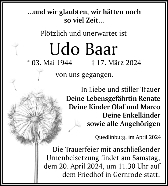 Traueranzeige von Udo Baar von Trauerkombi Quedlinburg