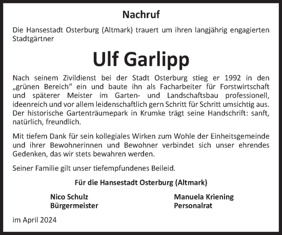 Traueranzeige von Ulf Garlipp von Volksstimme Altmark Ost