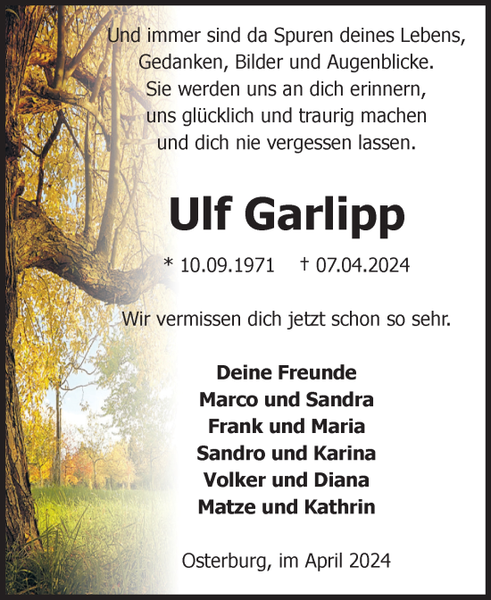 Traueranzeige von Ulf Garlipp von Volksstimme Altmark Ost