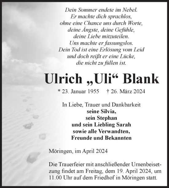 Traueranzeige von Ulrich Blank von Volksstimme Altmark Ost